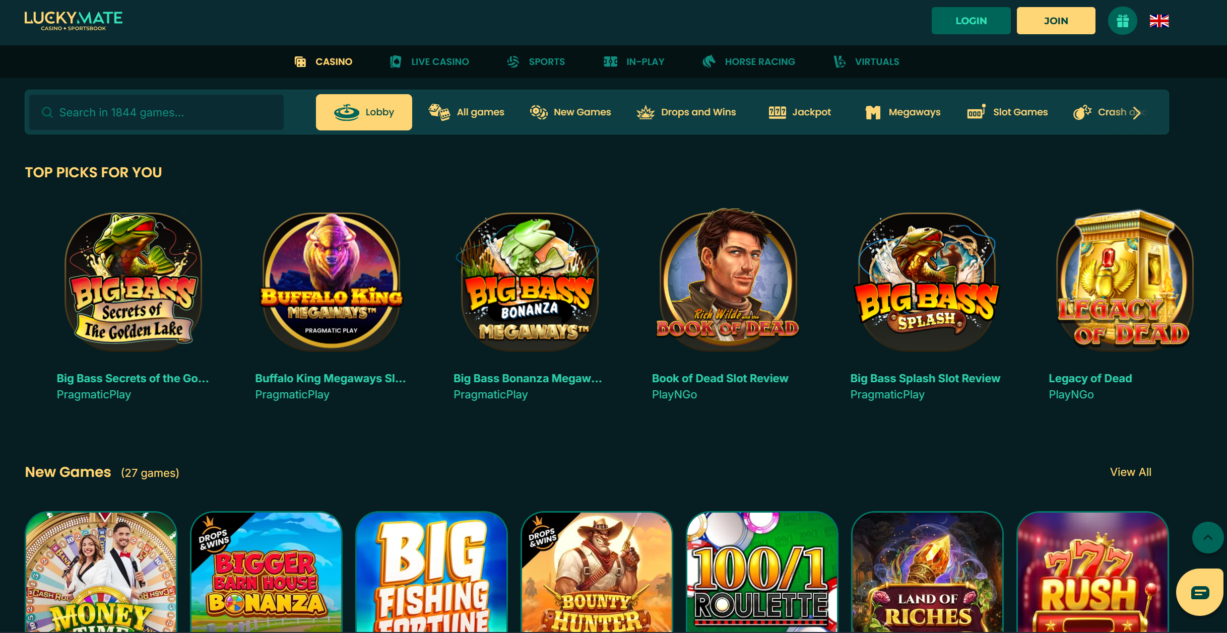 Lucky Mate Casino homepage interface with game lobby and security features