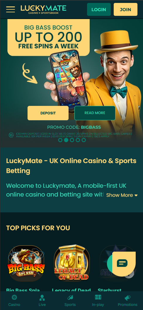 Lucky Mate Casino mobile interface with game lobby
